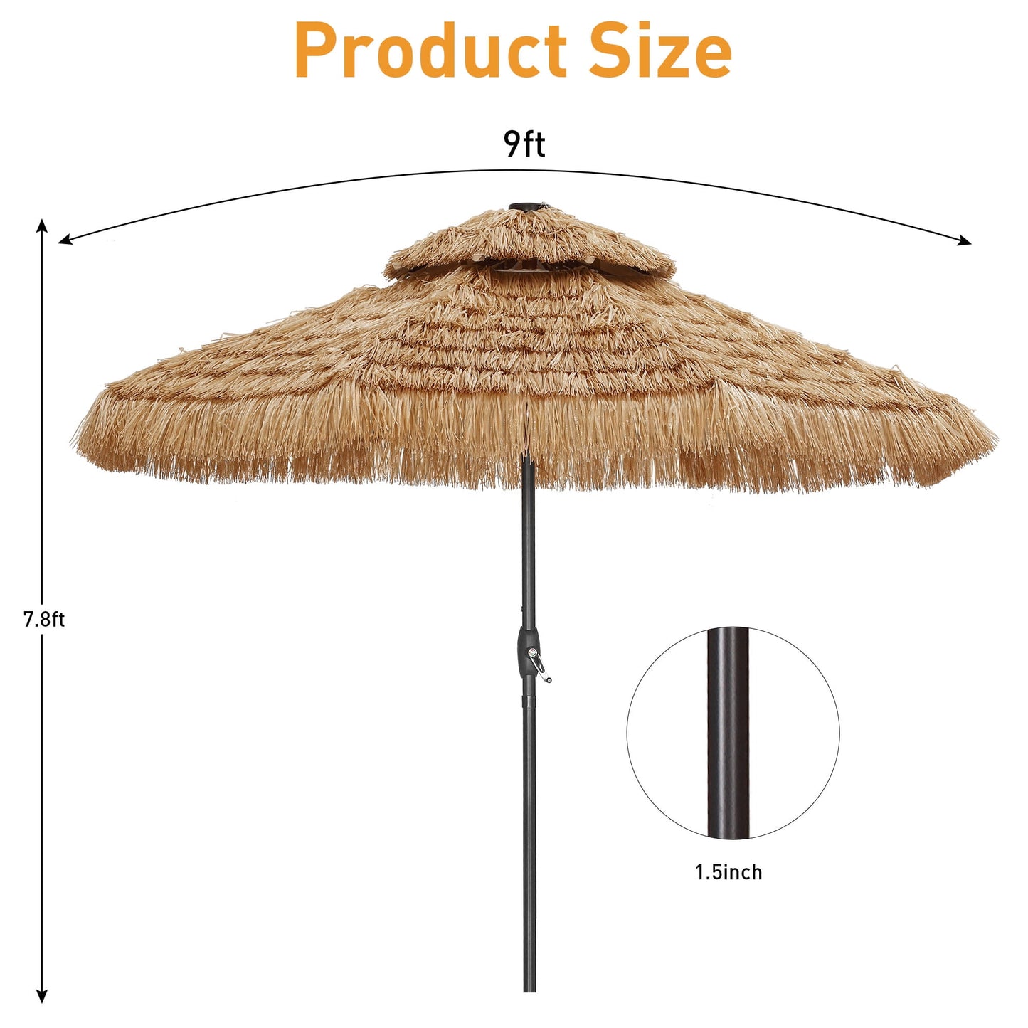 Autlaycil 9 ft 2-Tier Solar Thatched Hawaiian Tiki Umbrella, Pool, Patio, Beach