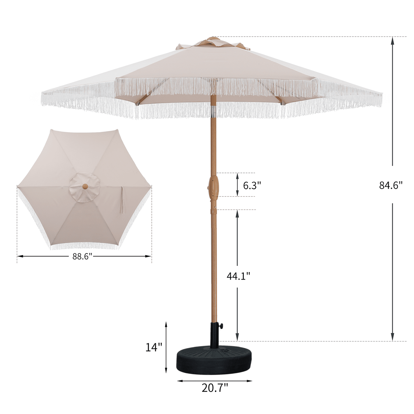 Autlaycil 7.5 ft Fringe Patio Umbrella and Umbrella Base and 3 Piece Outdoor Wicker Furniture Patio Bistro Set, Umbrella Button Tilt, Khaki