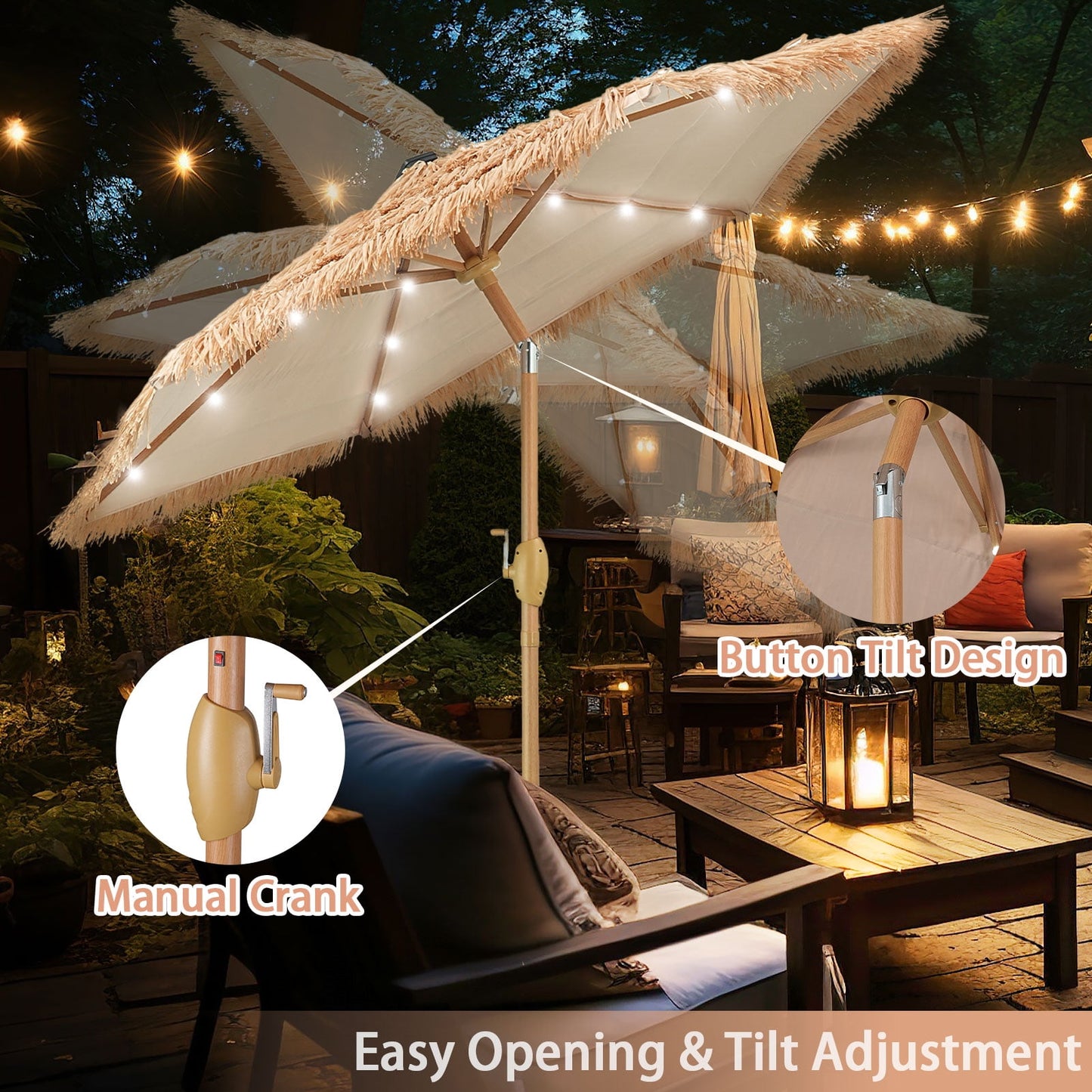 Autlaycil 7.5FT Grass Tiki Patio Umbrella Outdoor Table Umbrella with Push Button Tilt and Crank, 18 LED Lights, Contain Umbrella Base