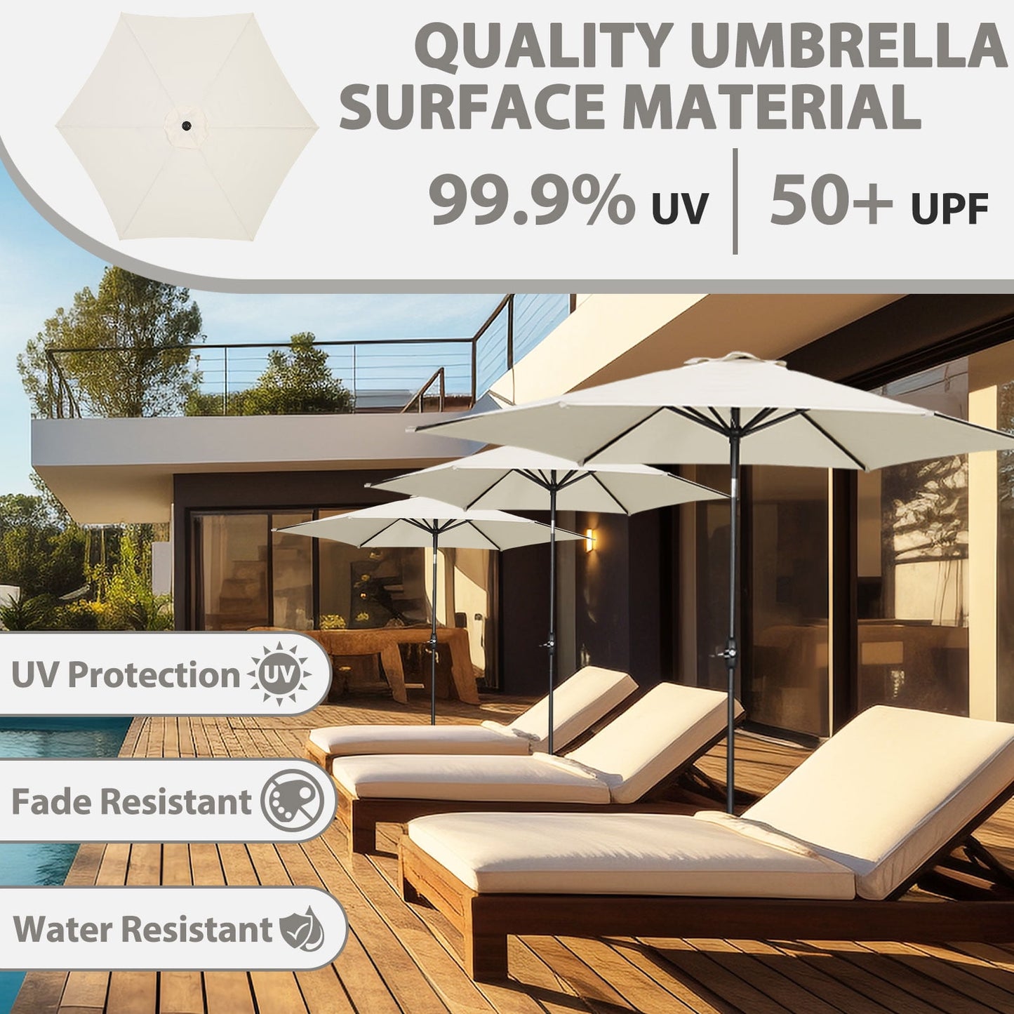 Autlaycil 9ft Outdoor Patio Umbrella 6 Ribs with Tilt and Crank Patio Table Umbrella, White