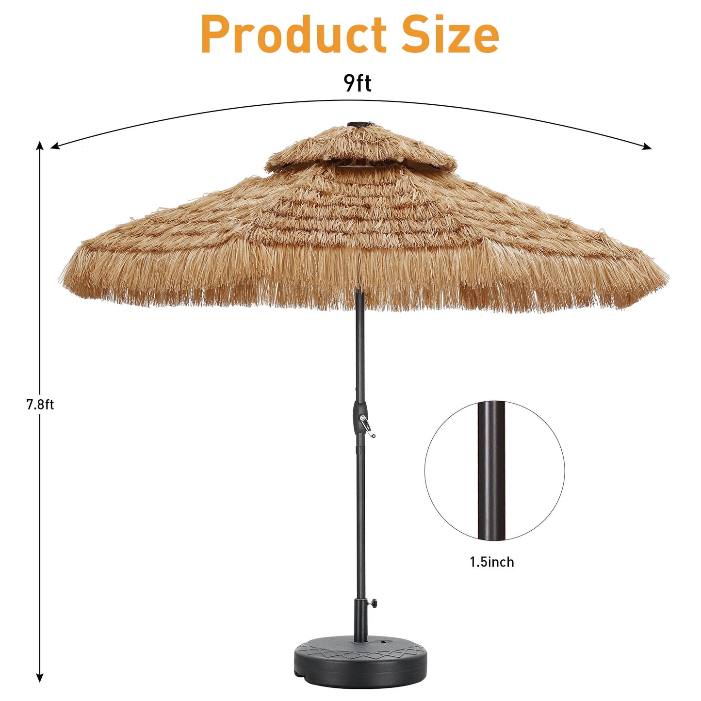 Autlaycil 9FT Grass Tiki Patio Umbrella Outdoor Table Umbrella with Push Button Tilt and Crank, 32 LED Lights, Contain Umbrella Base