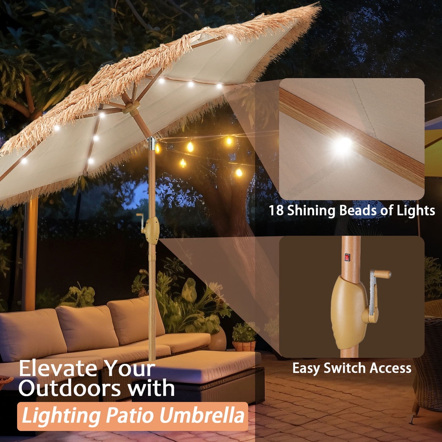 Autlaycil 7.5FT Grass Tiki Patio Umbrella Outdoor Table Umbrella with Push Button Tilt and Crank, 18 LED Lights, Contain Umbrella Base