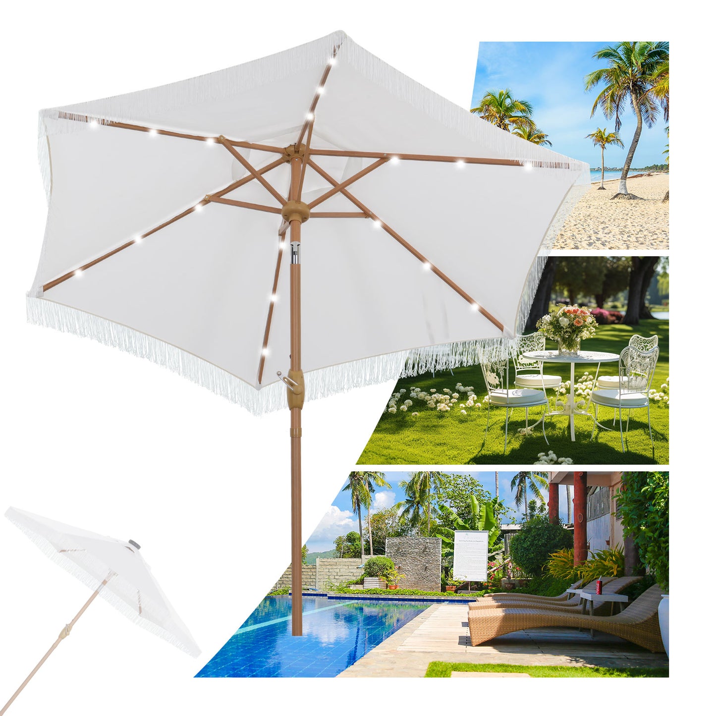 Autlaycil 7.5 ft Patio Umbrella with Tassel Fringe Stylish, 18 LED Lights Solar Umbrella (White)