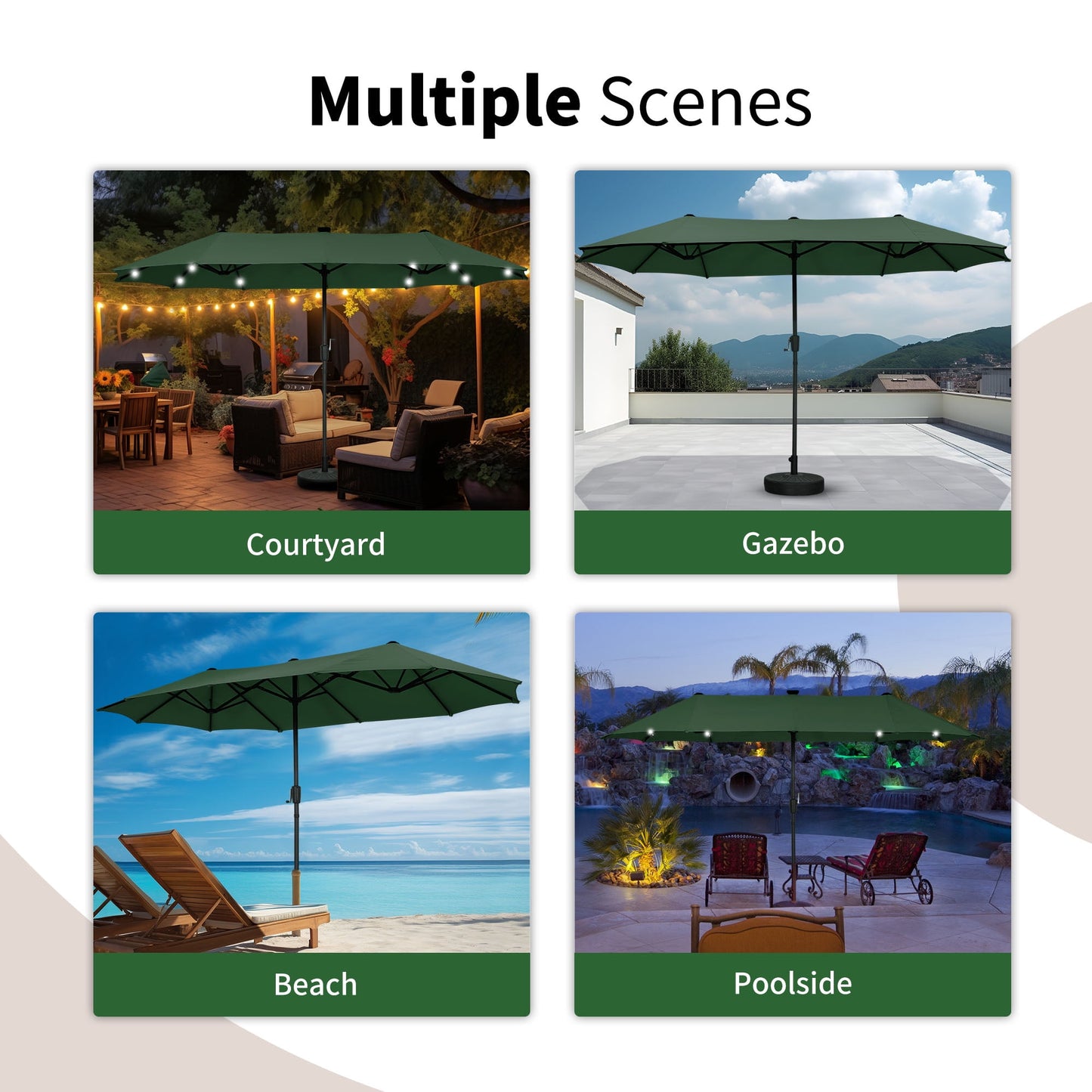 Autlaycil 13 Ft Solar LED Patio Umbrella, 36 Solar Powered LED Lights & Crank System for Garden, Deck, Poolside, Patio, Green