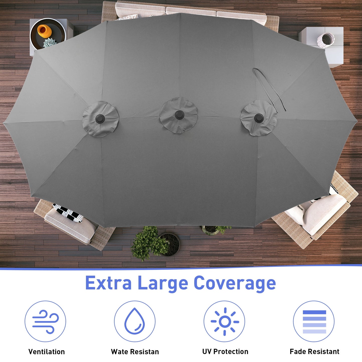 Autlaycil 15 ft Rectangle Patio Umbrella with Umbrella Base, Crank, Outdoor Market Umbrella (Grey)