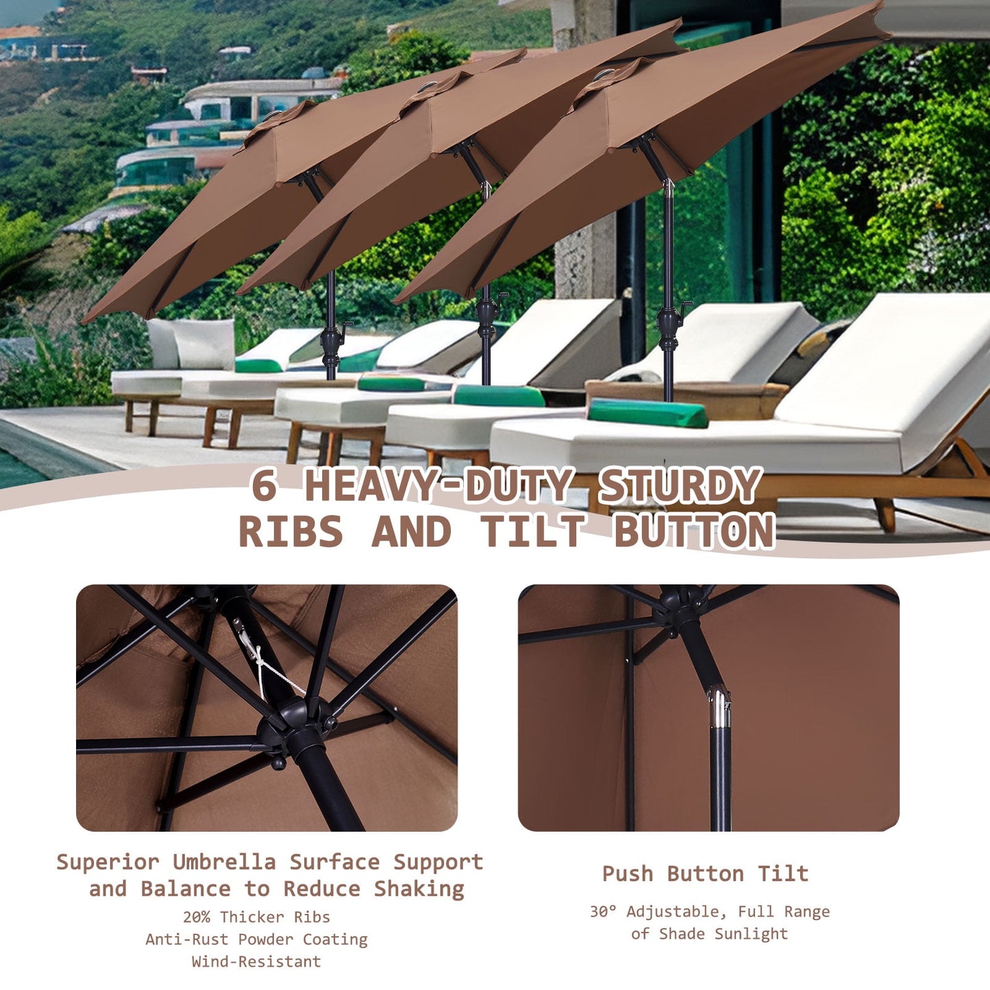 Autlaycil 7.5Ft Outdoor Umbrella with Tilt, Crank and Sturdy Ribs for Lawn, Garden, Backyard and Pool, Coffee