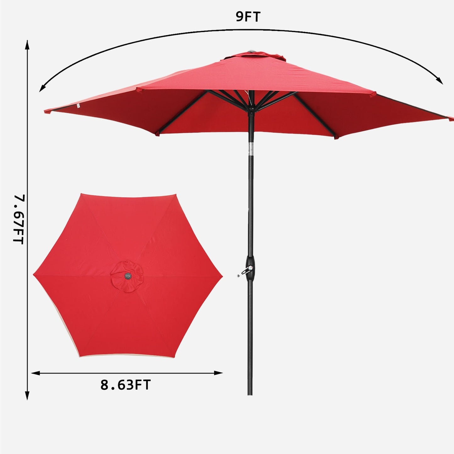 Autlaycil 9ft Outdoor Patio Umbrella 6 Ribs with Tilt and Crank Patio Table Umbrella, Red