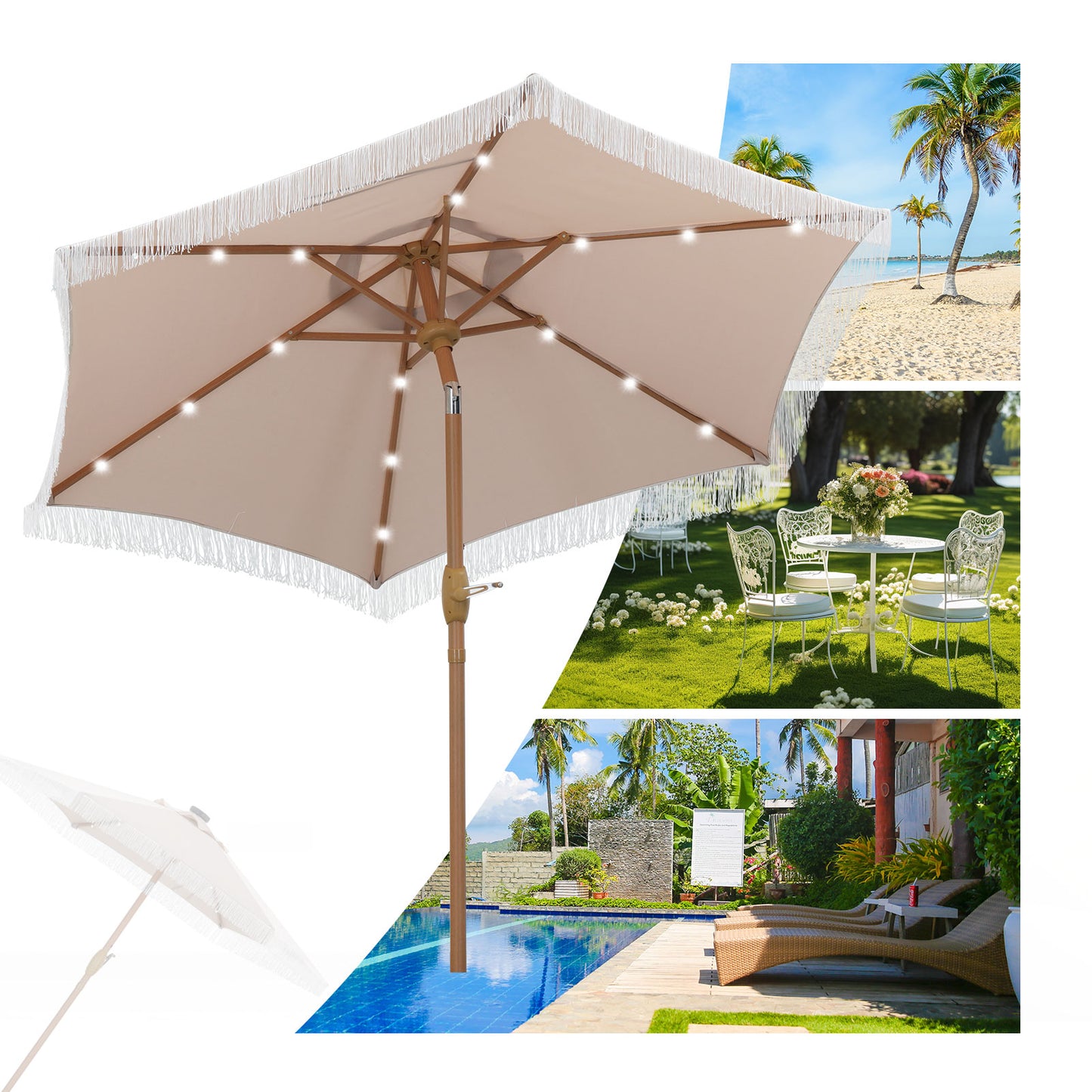 Autlaycil 7.5 ft Patio Umbrella with Tassel Fringe Stylish, 18 LED Lights Solar Umbrella (Khaki)