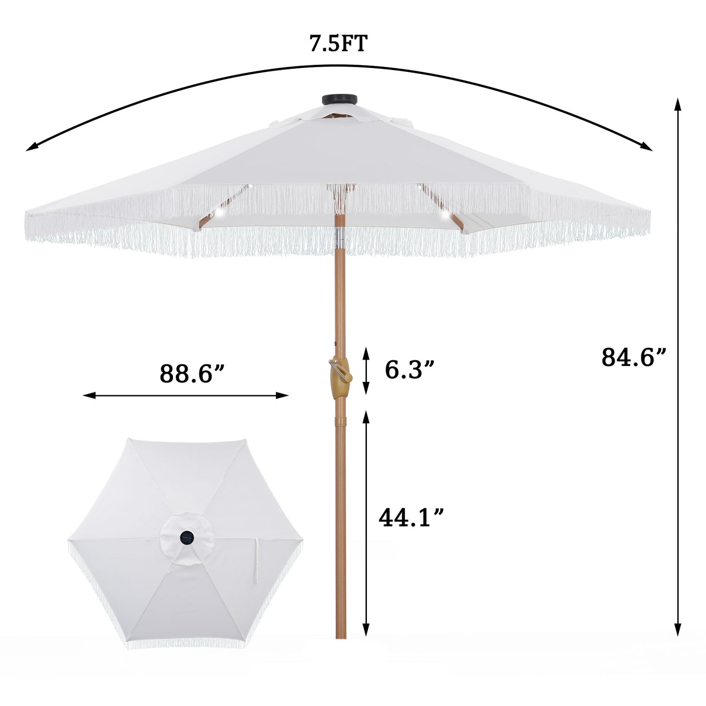 Autlaycil 7.5 ft Patio Umbrella with Tassel Fringe Stylish, 18 LED Lights Solar Umbrella (White)
