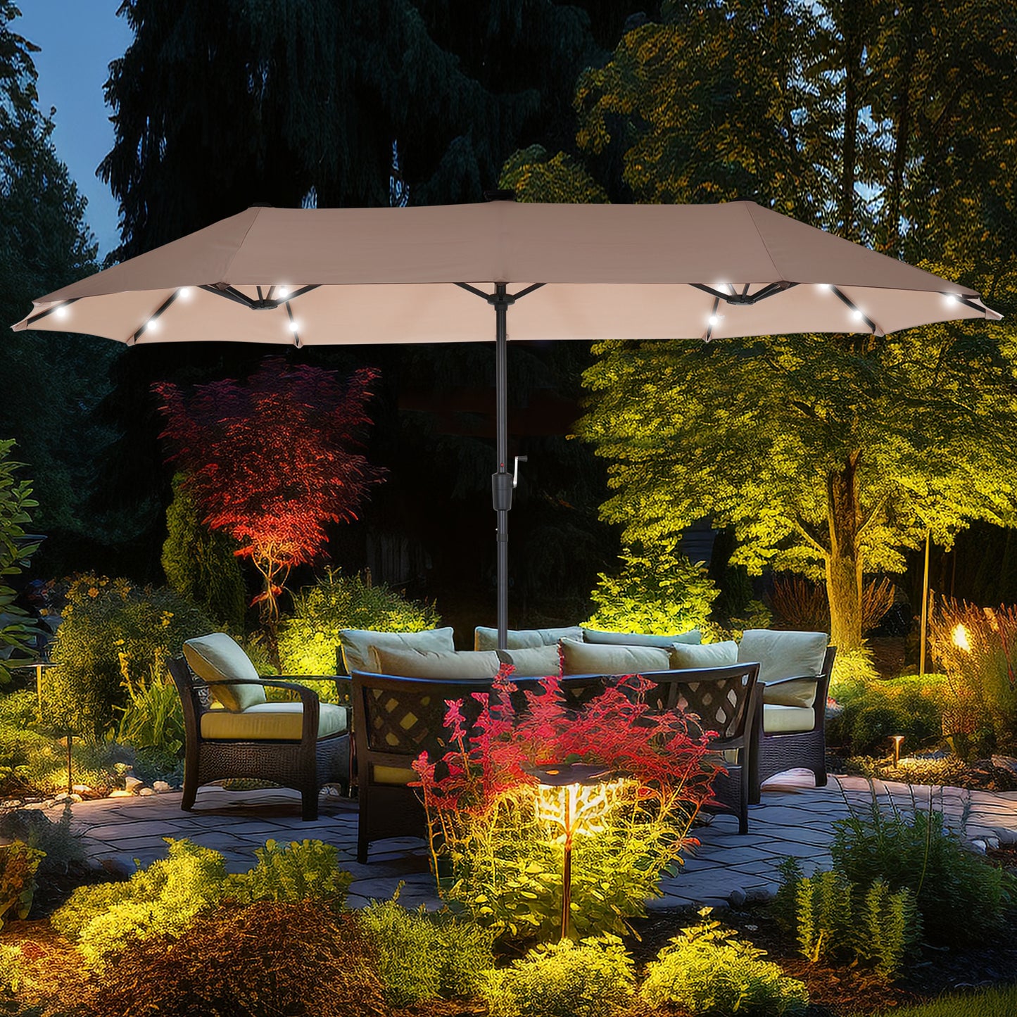 Autlaycil 13 ft Rectangle Patio Umbrella 36 LED lights for Market Patio Solar Umbrella (Khaki)