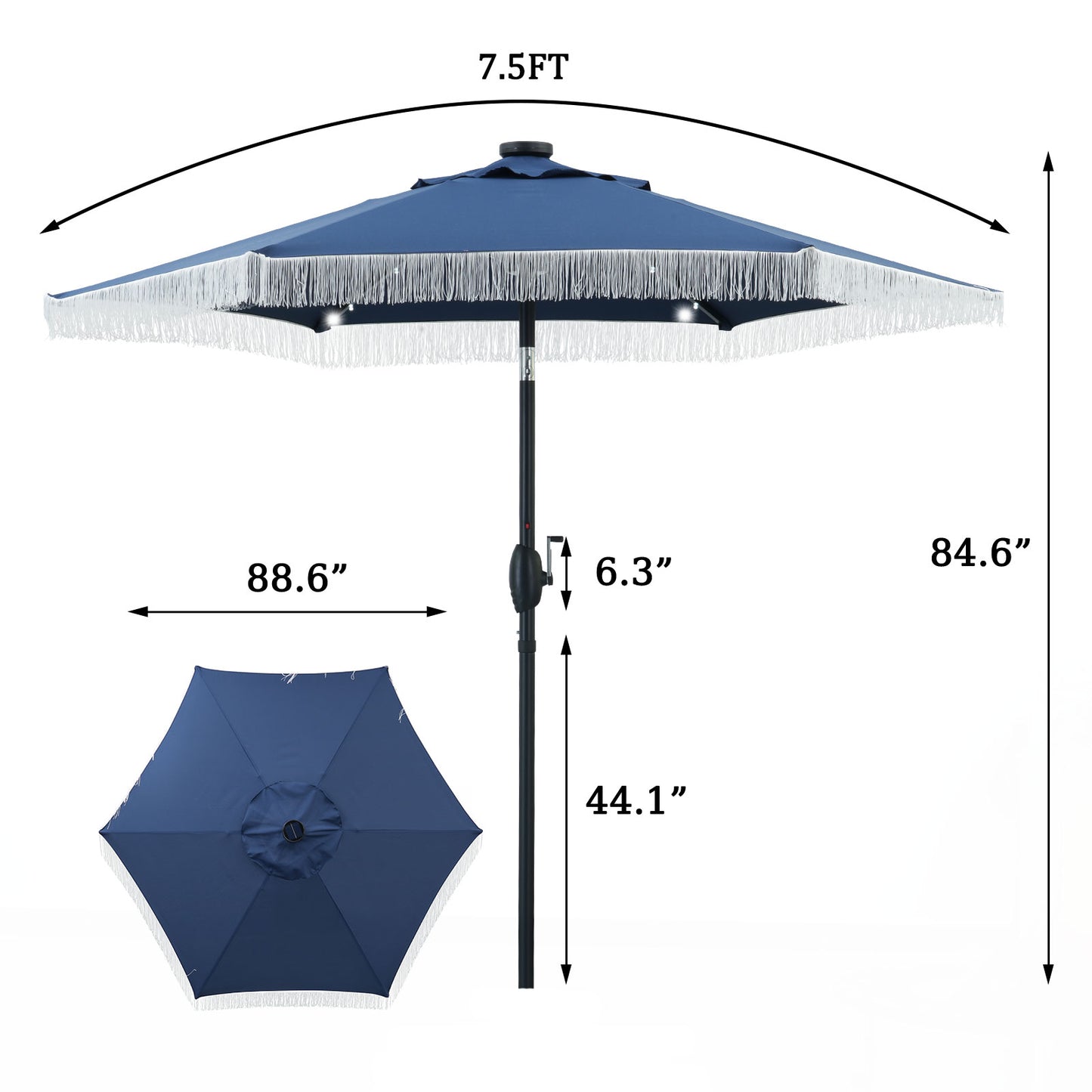 Autlaycil 7.5 ft Patio Umbrella with Tassel Fringe Stylish, 18 LED Lights Solar Umbrella (Navy Blue)