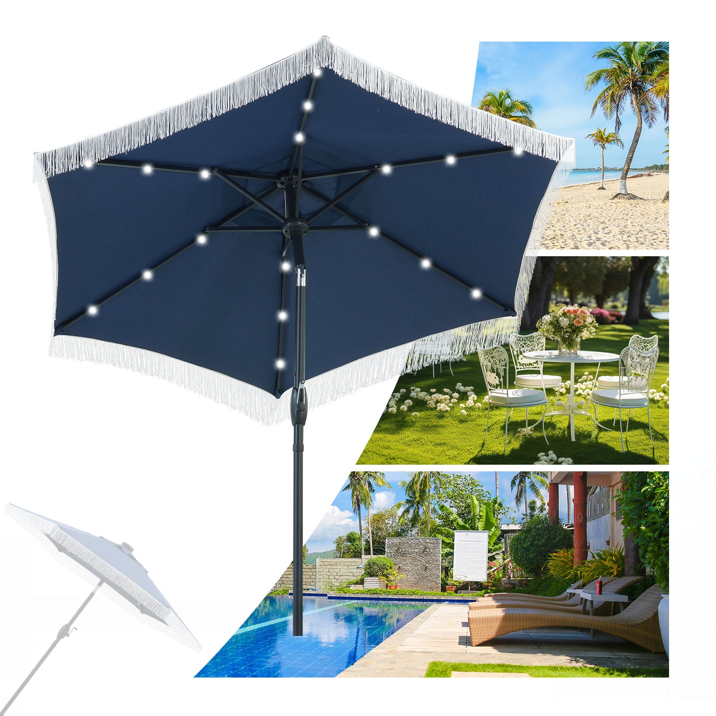 Autlaycil 7.5 ft Patio Umbrella with Tassel Fringe Stylish, 18 LED Lights Solar Umbrella (Navy Blue)