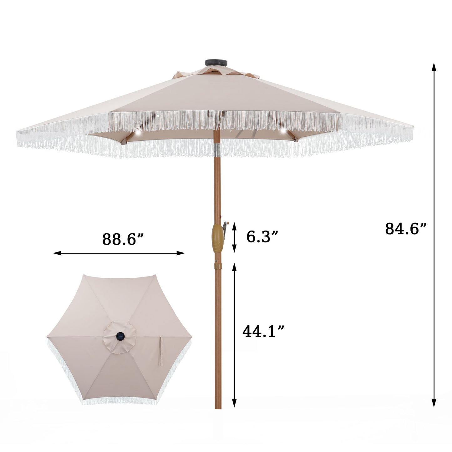 Autlaycil 7.5 ft Patio Umbrella with Tassel Fringe Stylish, 18 LED Lights Solar Umbrella (Khaki)