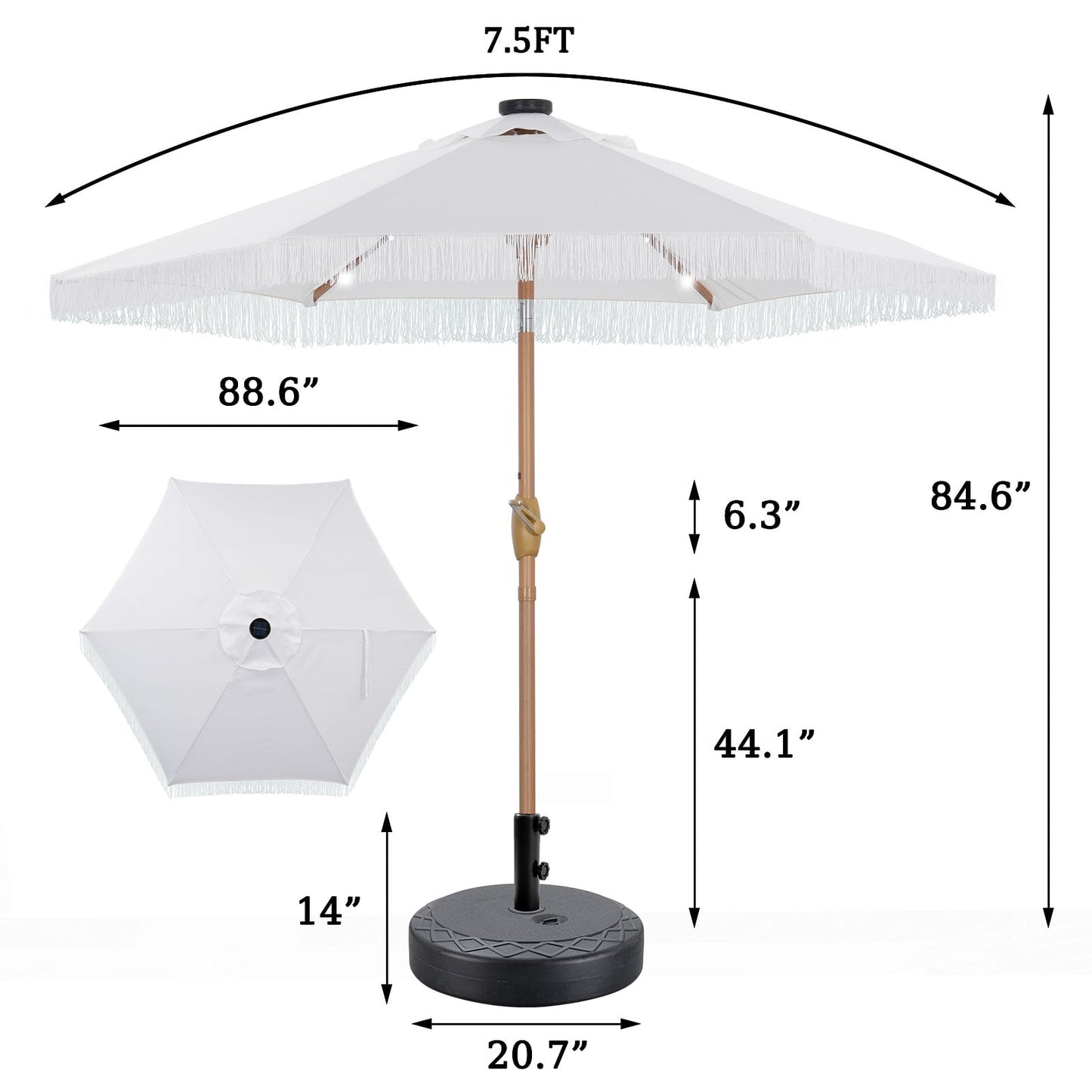 Autlaycil 5 Pcs Patio Outdoor Furniture Sets Contains 2 Textilene Fabric Rocking Bistro Chairs, a Table, a 7.5 ft Fringe Solar Umbrella with Button Tilt and a Umbrella Base, Whitw