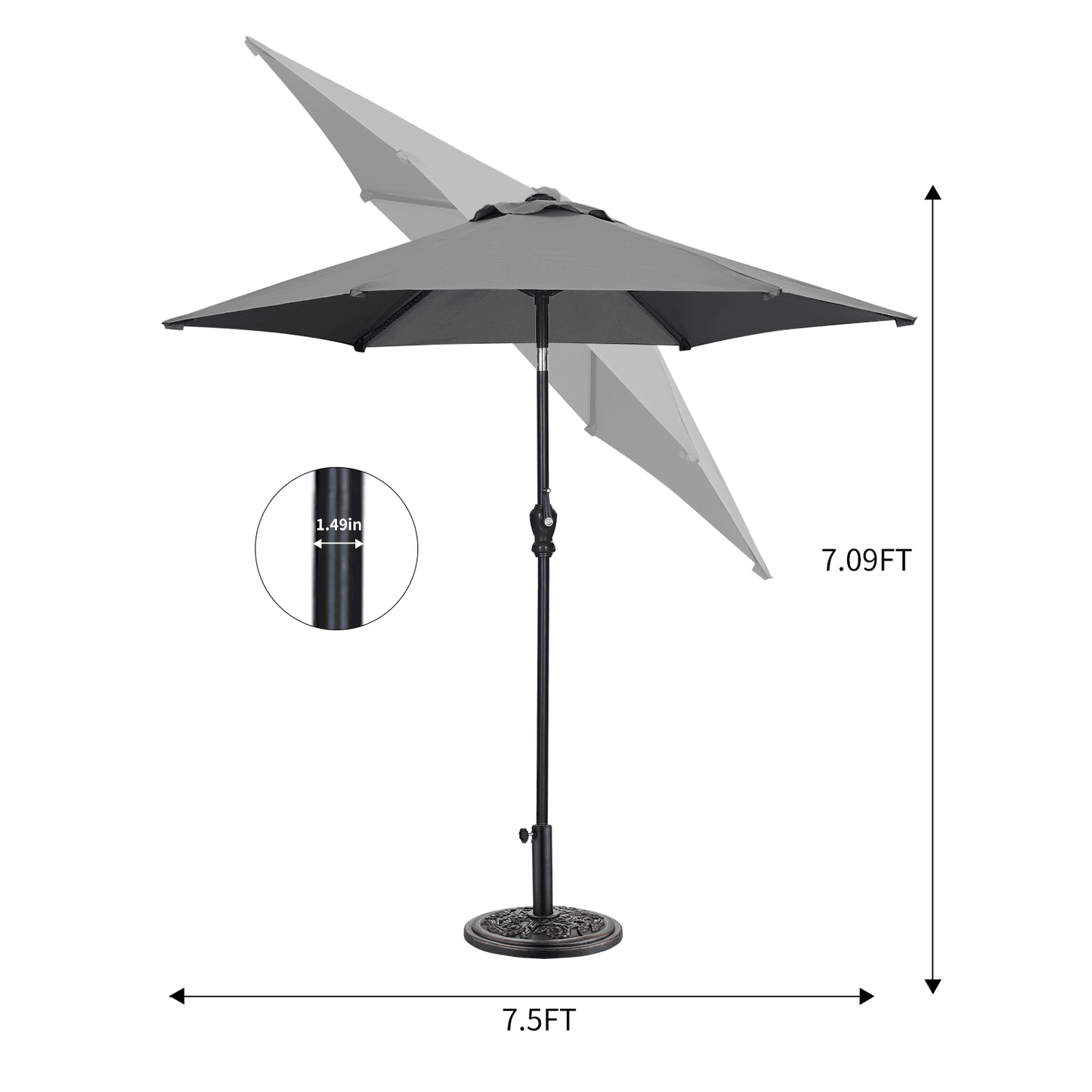 Autlaycil 7.5 ft Grey Patio Umbrella and Decorated Base, with Push Button Tilt and Crank for Beach, Pool, Outdoor