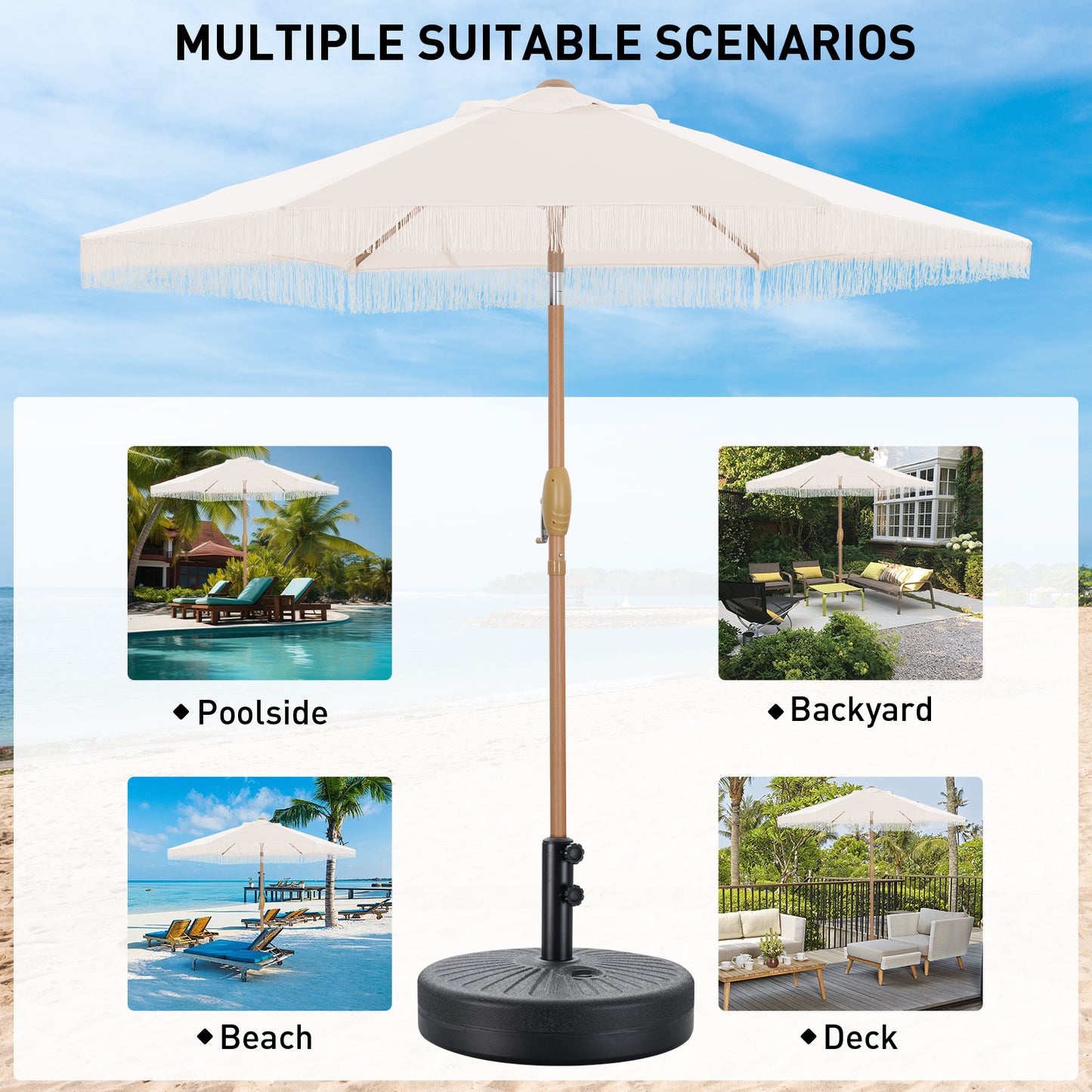 Autlaycil 7.5 ft Tassel Patio Umbrella with Umbrella Base, Fringe Stylish Beach, Pool, Adjustable Outdoor Market Umbrellas (Beige)