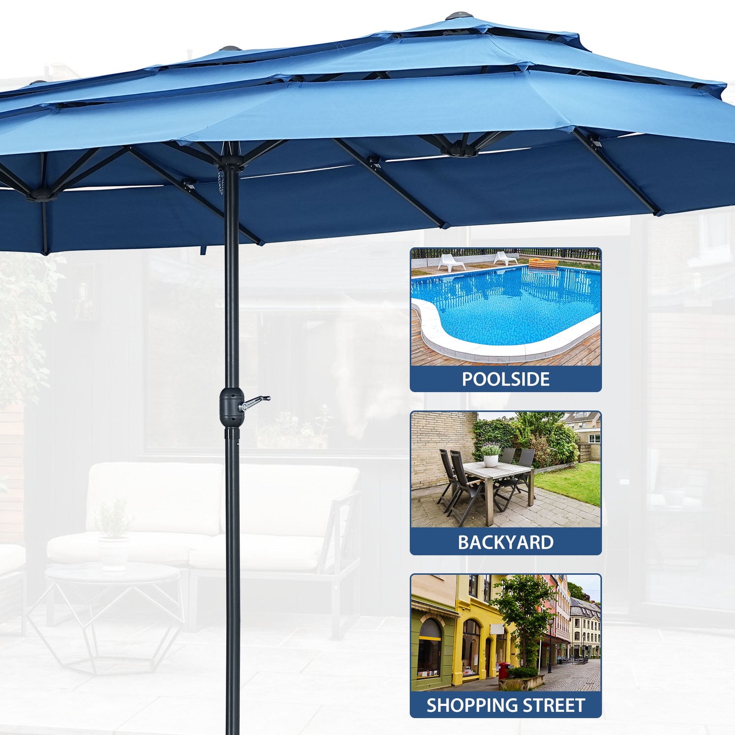 Autlaycil 15ft Patio Umbrella with 3-Tiers Umbrella Top, Airflow Smooth and Stable, Lock Bolt and Crank,Blue