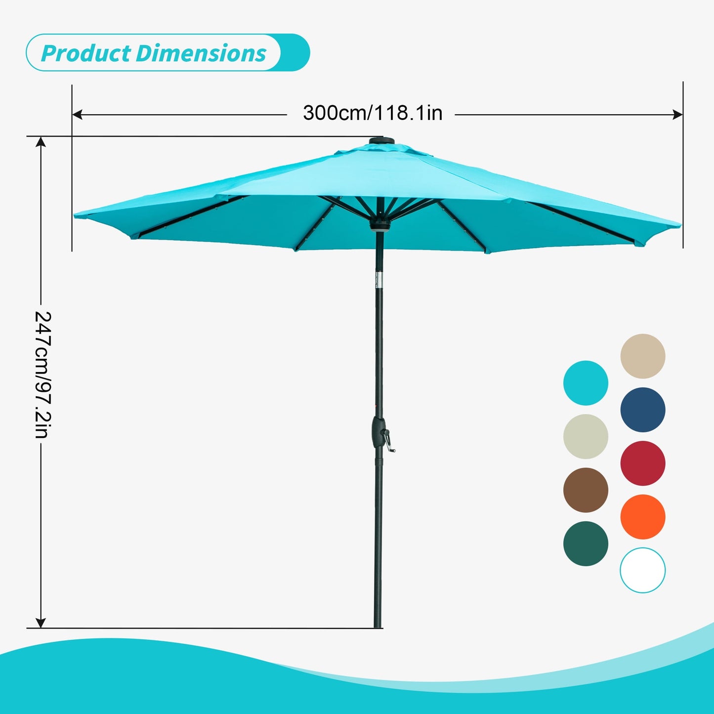 Autlaycil 10 ft Solar Patio Umbrellas with 40 LED lights for Market Outdoor Pool, Steel Tilt Crank, Blue