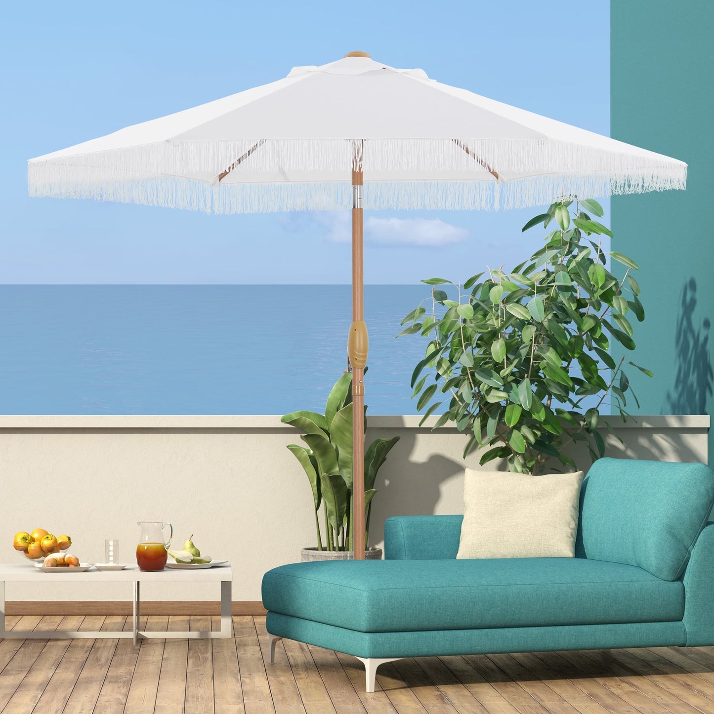 Autlaycil 7.5 ft White Fringe Patio Umbrella and Base, with Push Button Tilt and Crank for Beach, Pool, Outdoor