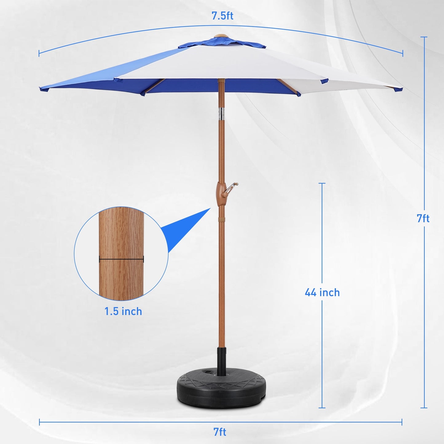 Autlaycil 7.5ft Patio Umbrella with Base and Button Tilt Sun Shelter UV Protection Beach for Market, Beach, Patio, Pool, Garden Backyard (Blue and White)