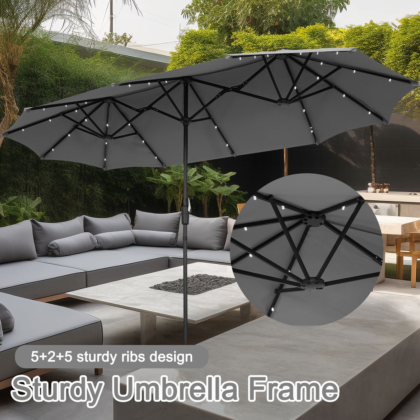 Autlaycil 13 ft Rectangle Patio Umbrella with Umbrella Base 36 LED lights for Market Patio Solar Umbrella (Grey)