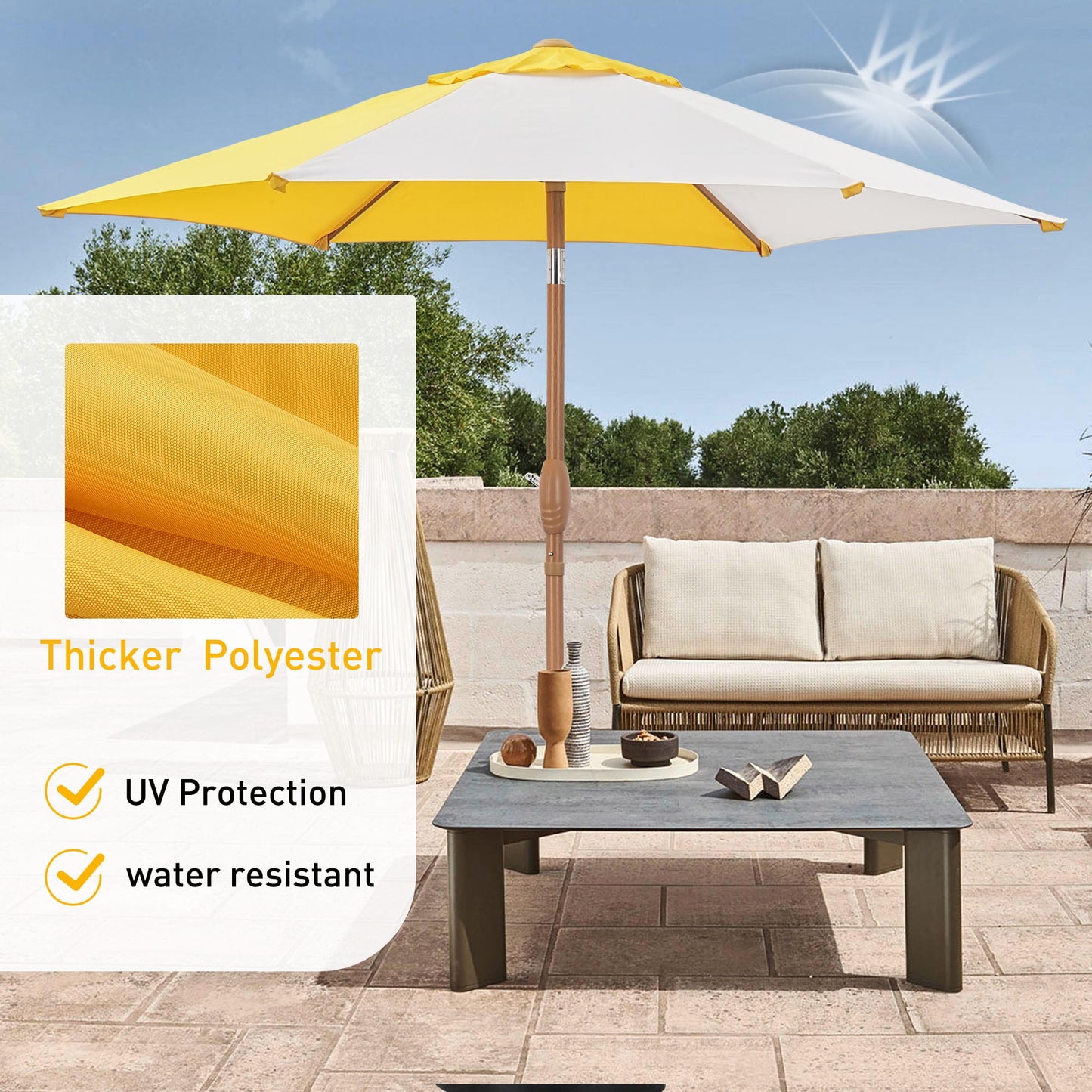 Autlaycil 7.5ft Patio Umbrella with Base and Button Tilt Sun Shelter UV Protection Beach for Market, Beach, Patio, Pool, Garden Backyard (Yellow and White)