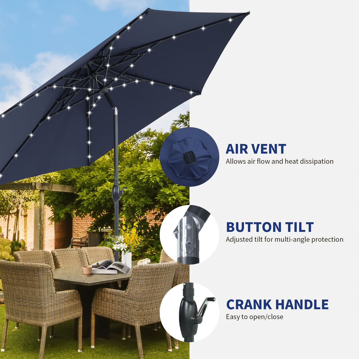 Autlaycil 10ft Navy Blue Solar Patio Umbrella with Stand and Lights, 3-Tier Windproof Stable Frame, Spider-arm Structure, 95 lbs Sand Filled 67 lbs Water Filled Outdoor Base