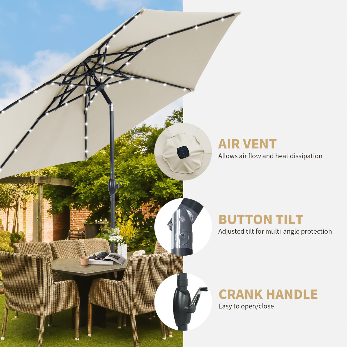 Autlaycil 10ft Beige Solar Patio Umbrella with Lights, 3-Tier Windproof Stable Frame, Spider-arm Structure for Pool, Yard, Garden, Deck, Outdoor