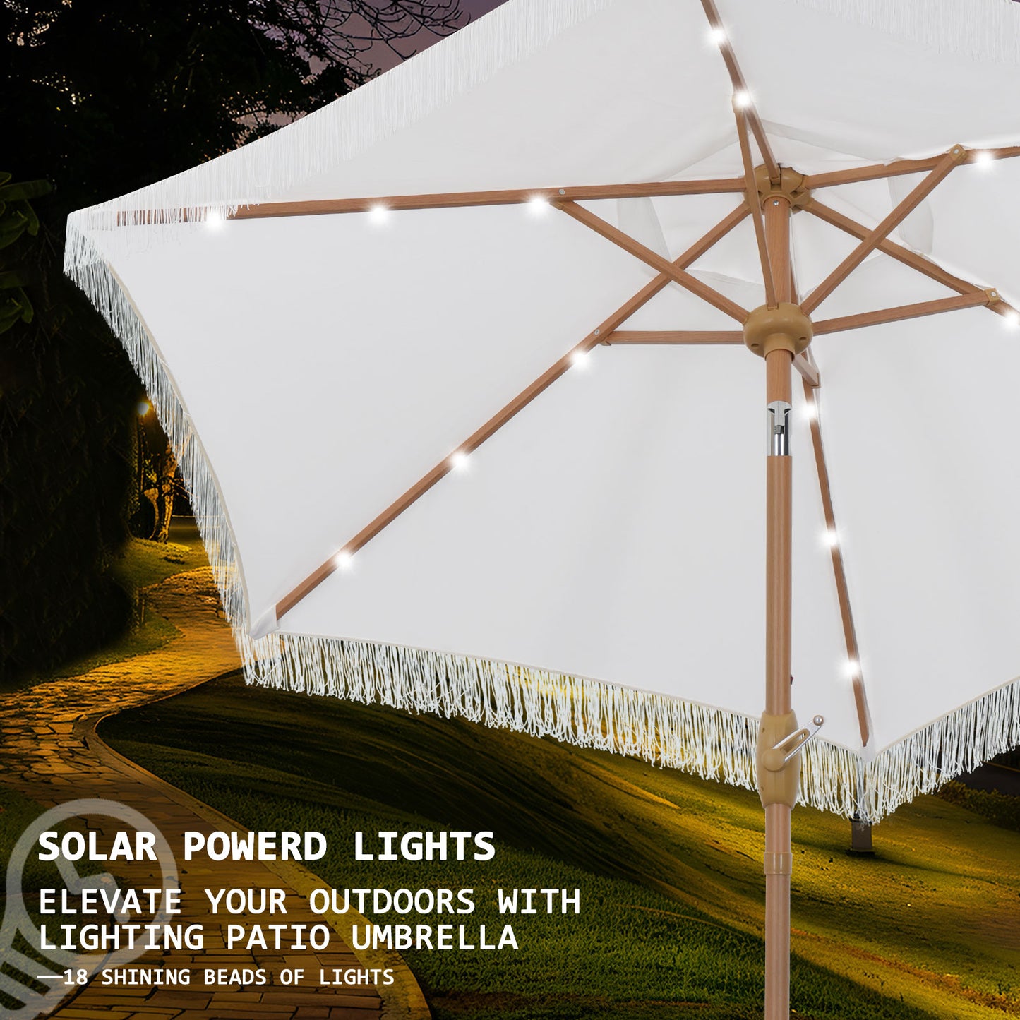 Autlaycil 7.5 ft Patio Tassel Umbrella with Base, 18 LED Lights Solar Umbrella (White)