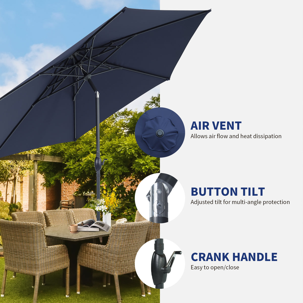 Autlaycil 10ft Navy Blue Patio Umbrella with 3-Tier Windproof Stable Frame, Spider-arm Structure for Pool, Yard, Garden, Deck, Outdoor