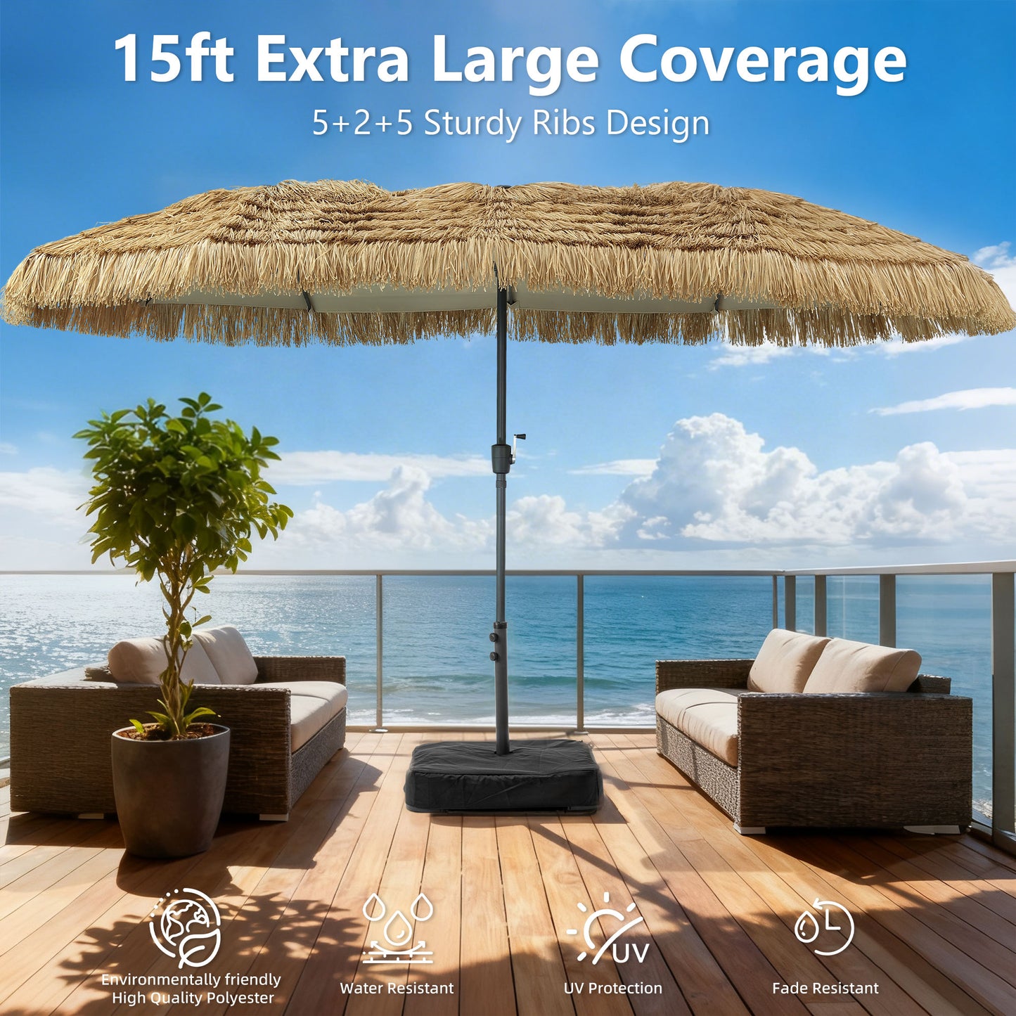 Autlaycil 15 ft Tiki Umbrella with Sandbags Base, Thatched, Hawaiian, Pool, Patio, Beach