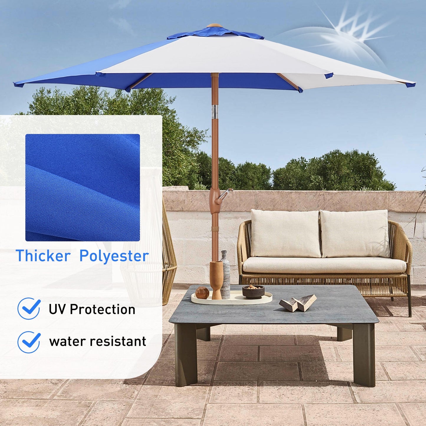 Autlaycil 7.5ft Patio Umbrella with Base and Button Tilt Sun Shelter UV Protection Beach for Market, Beach, Patio, Pool, Garden Backyard (Blue and White)