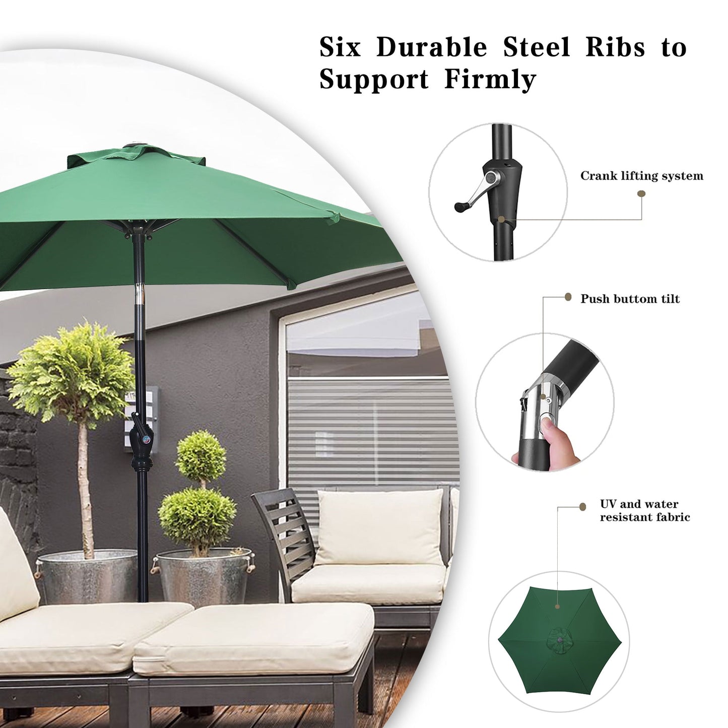 Autlaycil 9ft Outdoor Patio Umbrella 6 Ribs with Tilt and Crank Patio Table Umbrella, Green