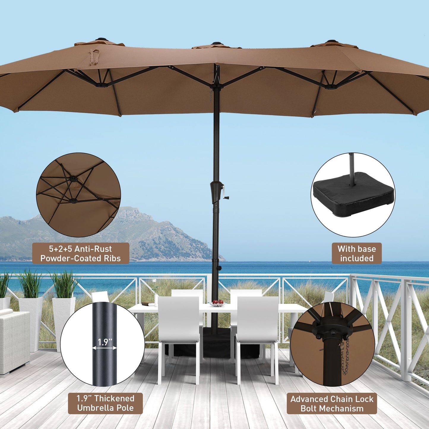 Autlaycil 15 ft Rectangle Patio Umbrella with Umbrella Base, Crank, Outdoor Market Umbrella (Coffee)