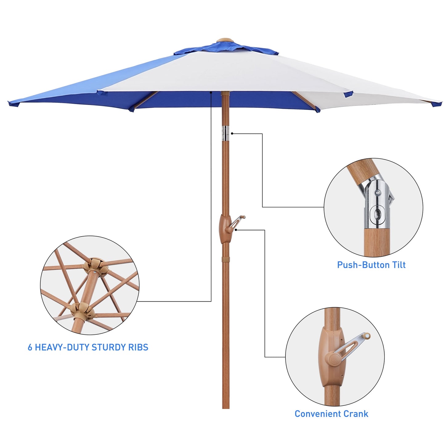 Autlaycil 7.5ft Patio Umbrella with Base and Button Tilt Sun Shelter UV Protection Beach for Market, Beach, Patio, Pool, Garden Backyard (Blue and White)