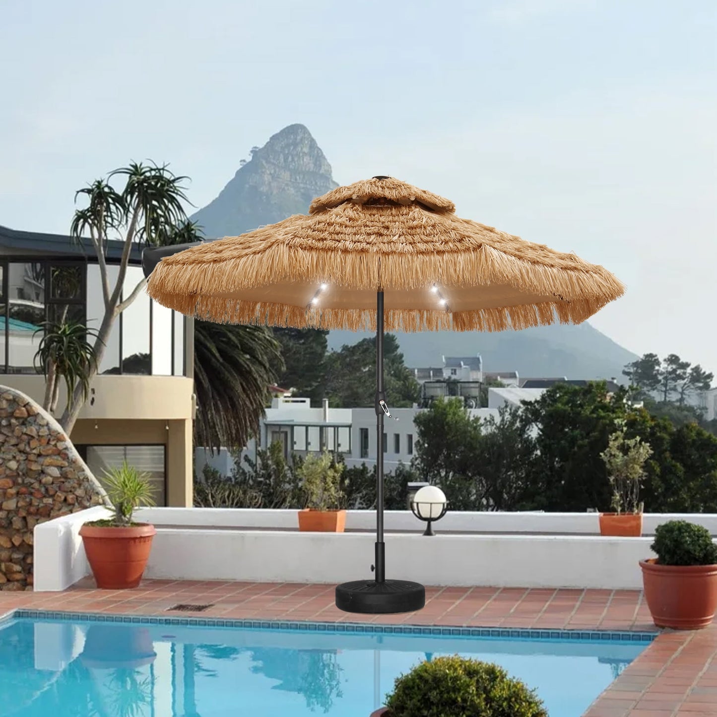 Autlaycil 9 ft 2-Tier Solar Thatched Hawaiian Tiki Umbrella, Pool, Patio, Beach