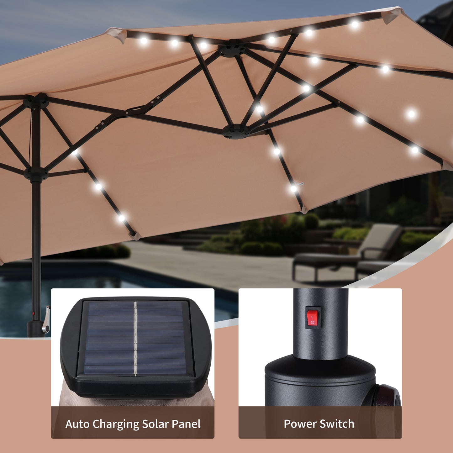 Autlaycil 13 ft Rectangle Patio Umbrella 36 LED lights for Market Patio Solar Umbrella (Khaki)