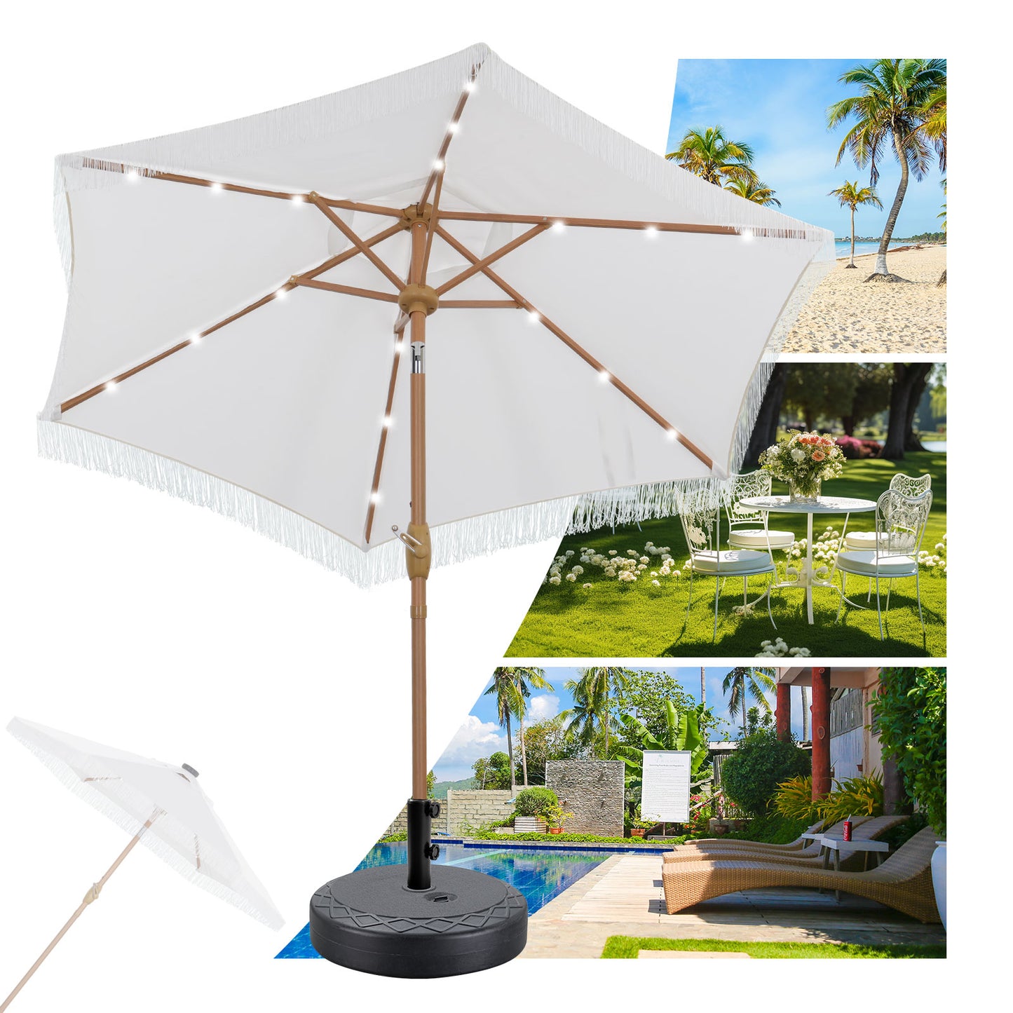 Autlaycil 7.5 ft Patio Tassel Umbrella with Base, 18 LED Lights Solar Umbrella (White)