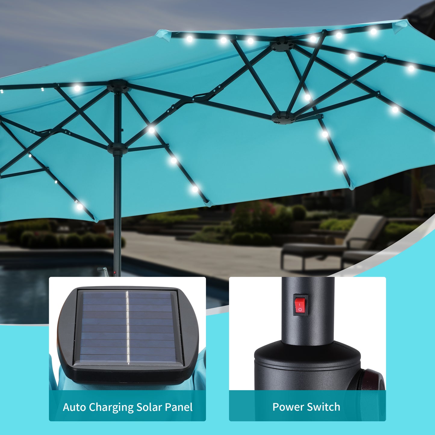 Autlaycil 13 ft Rectangle Patio Umbrella with Umbrella Base 36 LED lights for Market Patio Solar Umbrella (Blue)
