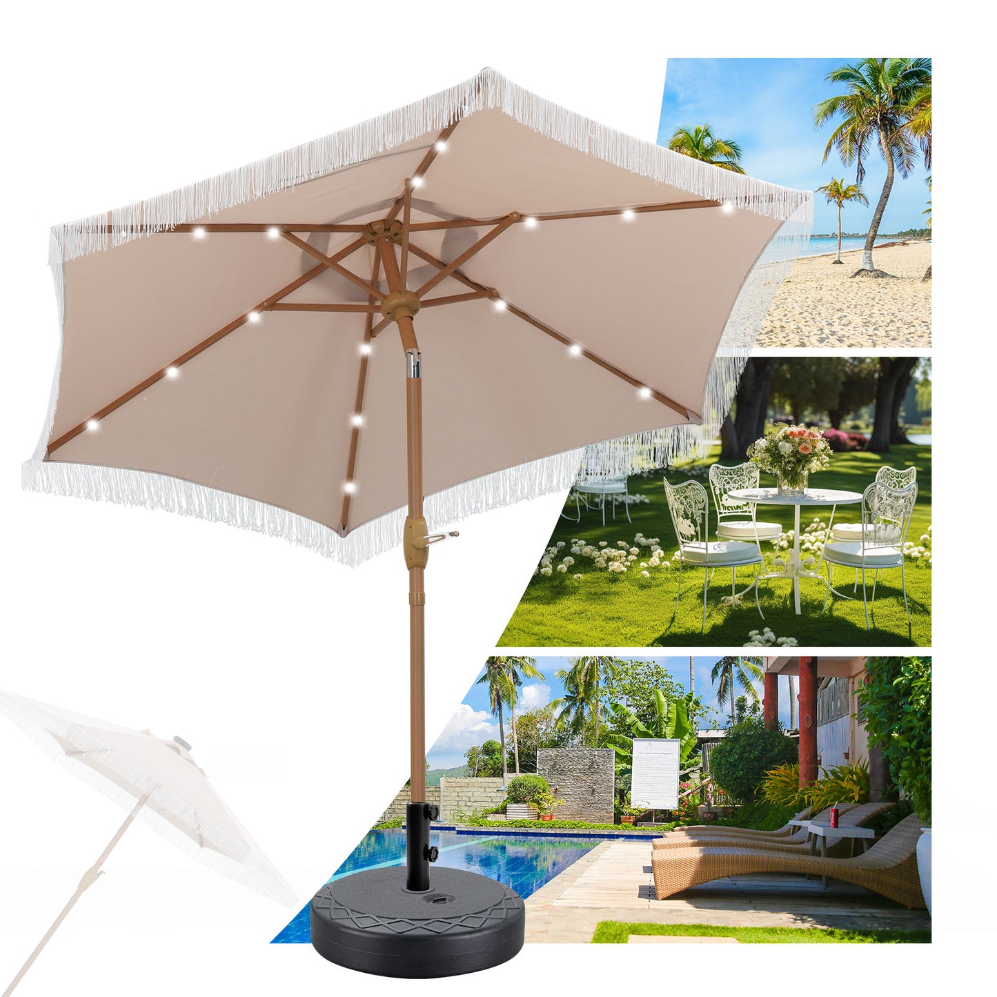 Autlaycil 7.5 ft Patio Tassel Umbrella with Base, 18 LED Lights Solar Umbrella (Khaki)
