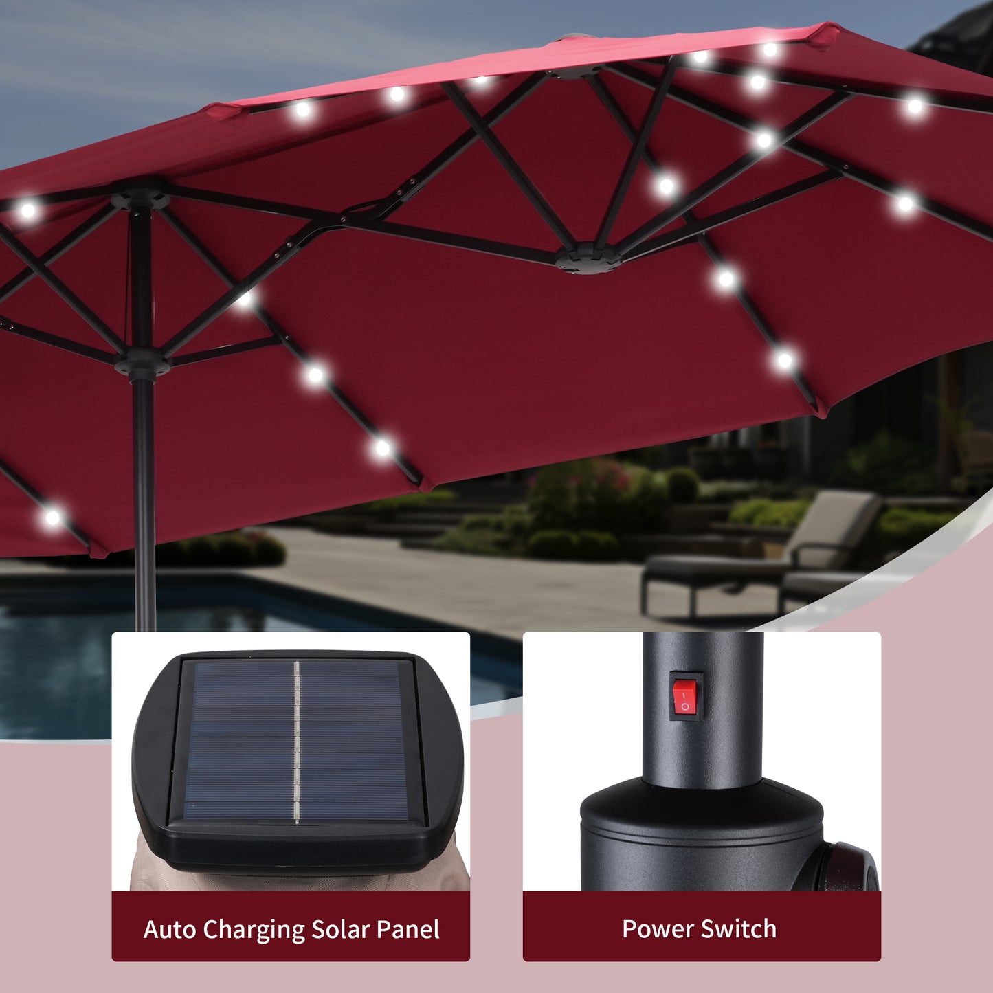 Autlaycil 13 ft Rectangle Patio Umbrella with Umbrella Base 36 LED lights for Market Patio Solar Umbrella (Red)