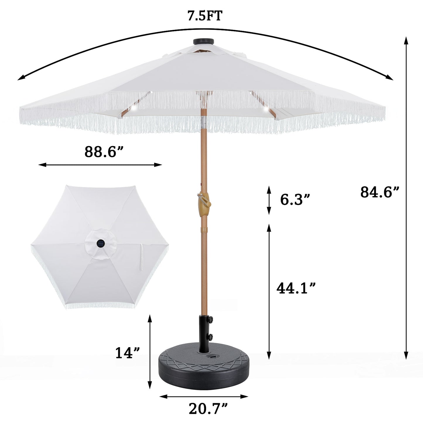 Autlaycil 7.5 ft Patio Tassel Umbrella with Base, 18 LED Lights Solar Umbrella (White)