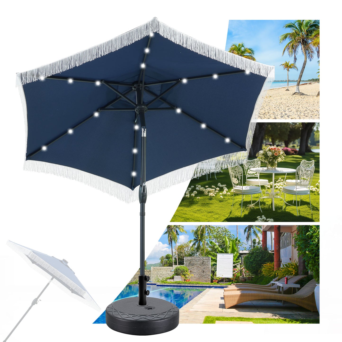 Autlaycil 7.5 ft Patio Tassel Umbrella with Base, 18 LED Lights Solar Umbrella (Navy Blue)