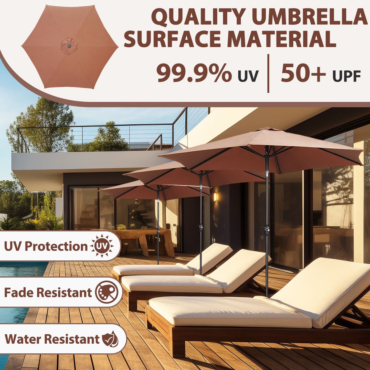 Autlaycil 9ft Outdoor Patio Umbrella 6 Ribs with Tilt and Crank Patio Table Umbrella, Coffee