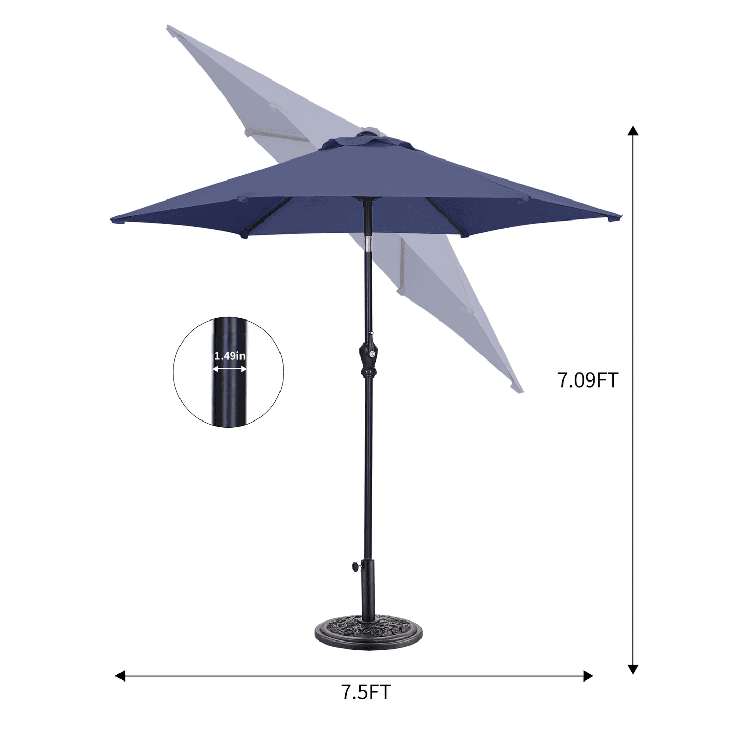 Autlaycil 7.5 ft Navy Blue Patio Umbrella and Decorated Base, with Push Button Tilt and Crank for Beach, Pool, Outdoor