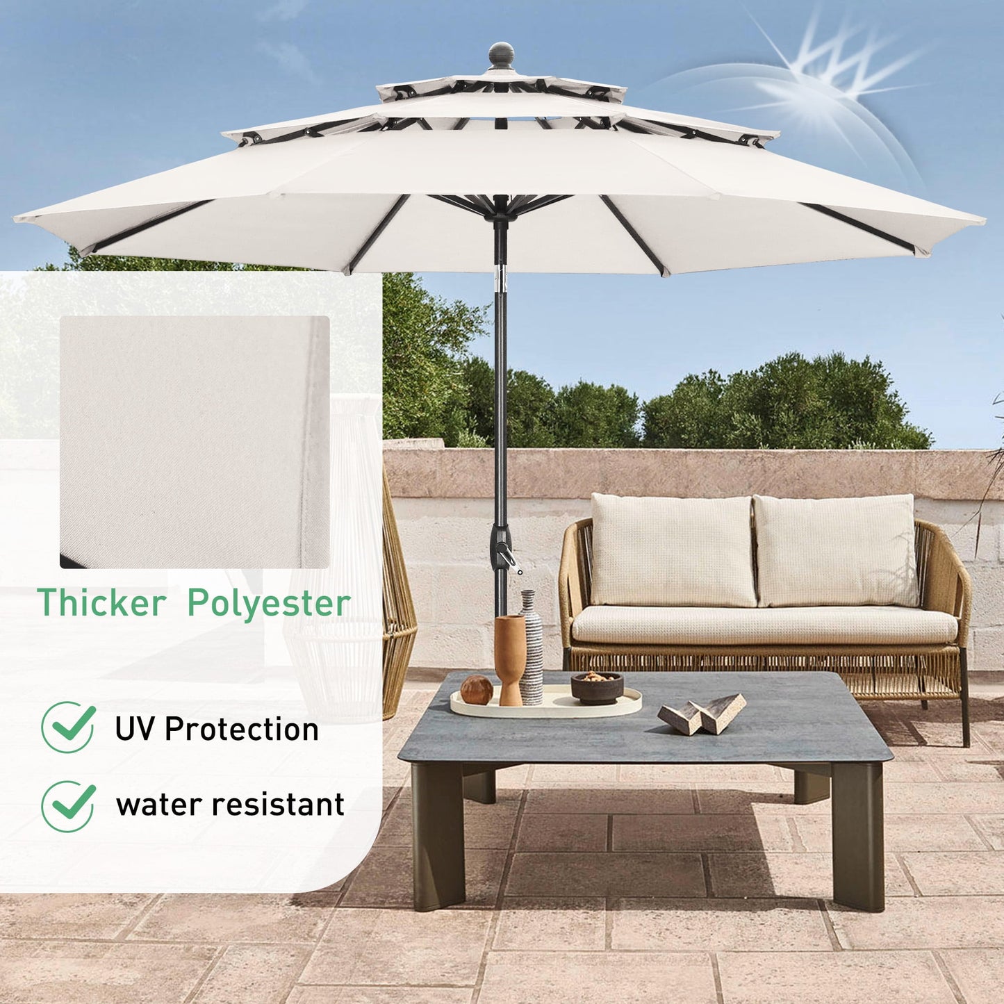 Autlaycil 10 ft Patio Umbrella with Base 3 Tiers Adjustable Outdoor Market Umbrella with Crank for Beach Pool (Cream White)