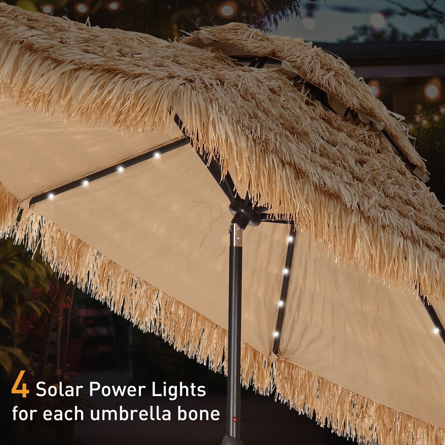 Autlaycil 9FT Grass Tiki Patio Umbrella Outdoor Table Umbrella with Push Button Tilt and Crank, 32 LED Lights, Contain Umbrella Base