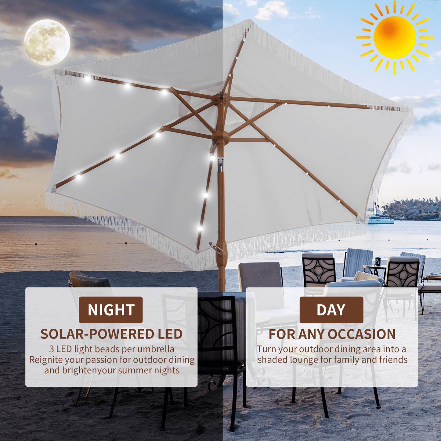 Autlaycil 5 Pcs Patio Outdoor Furniture Sets Contains 2 Textilene Fabric Rocking Bistro Chairs, a Table, a 7.5 ft Fringe Solar Umbrella with Button Tilt and a Umbrella Base, Whitw