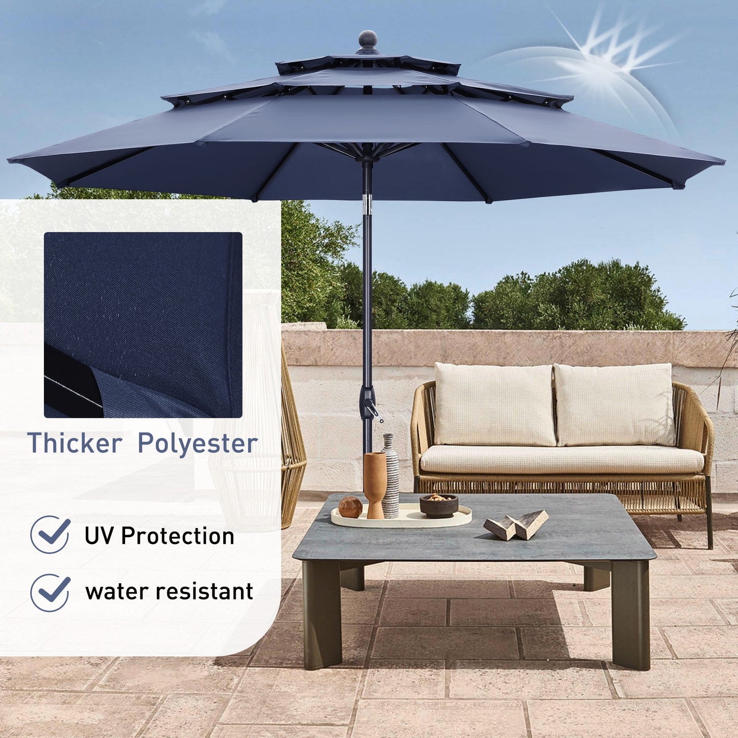 Autlaycil 10 ft Patio Umbrella with Base 3 Tiers Adjustable Outdoor Market Umbrella with Crank for Beach Pool (Navy Blue)