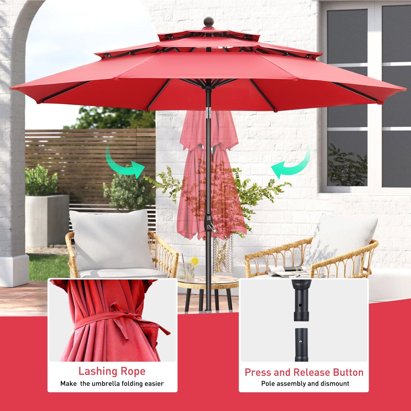 Autlaycil 10 ft Patio Umbrella with Base 3 Tiers Adjustable Outdoor Market Umbrella with Crank for Beach Pool (Red)